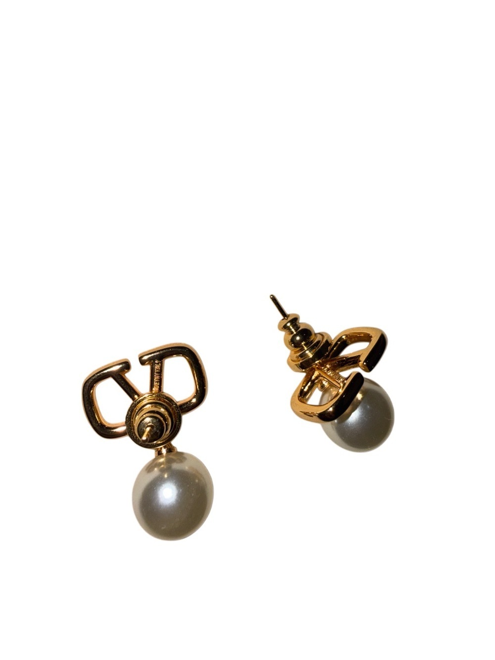 Gold V Pearl Drop Stud Earrings Designer Inspired Statement Jewelry - Picture 2 of 5